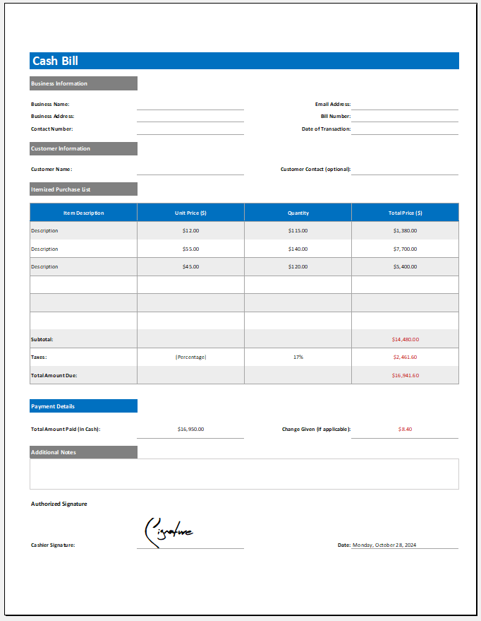 Cash bill template