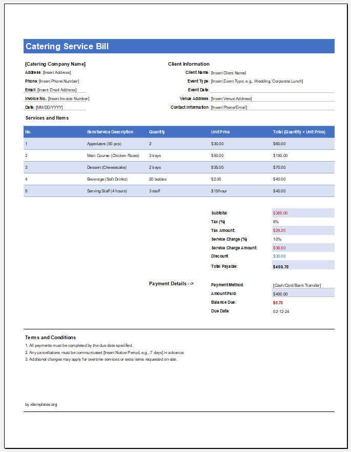 Catering Service Bill Template