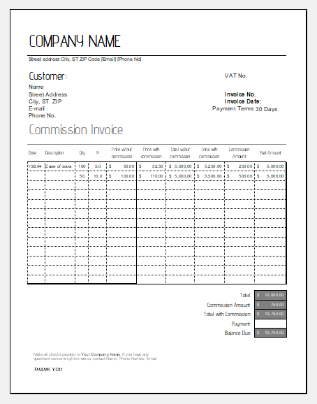 Commission Bill Invoice Templates For Excel Excel Templates