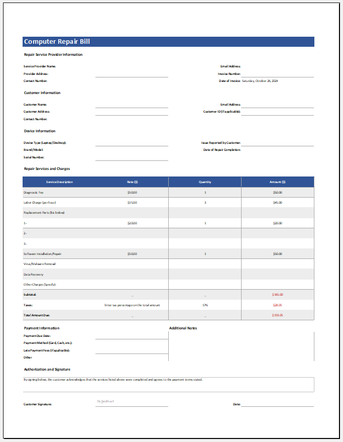 Computer repair bill template