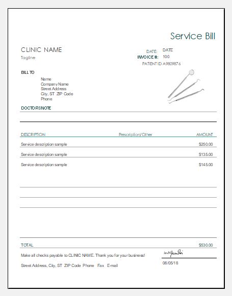 Dental Service Bill/Invoice Templates for MS Excel | Excel Templates