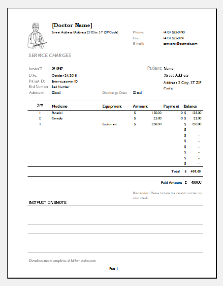 Doctor Bill Invoice Templates For Excel Excel Templates