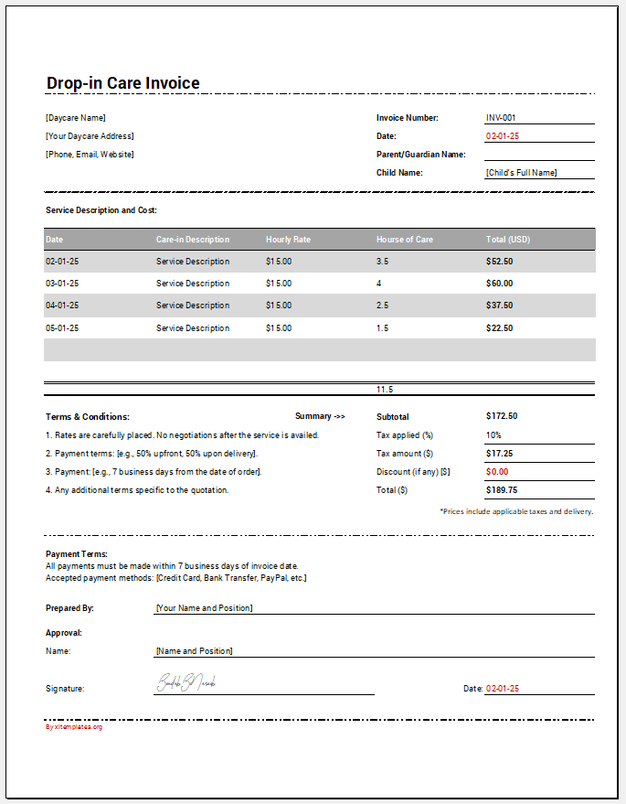 Drop-in Care Invoice Template