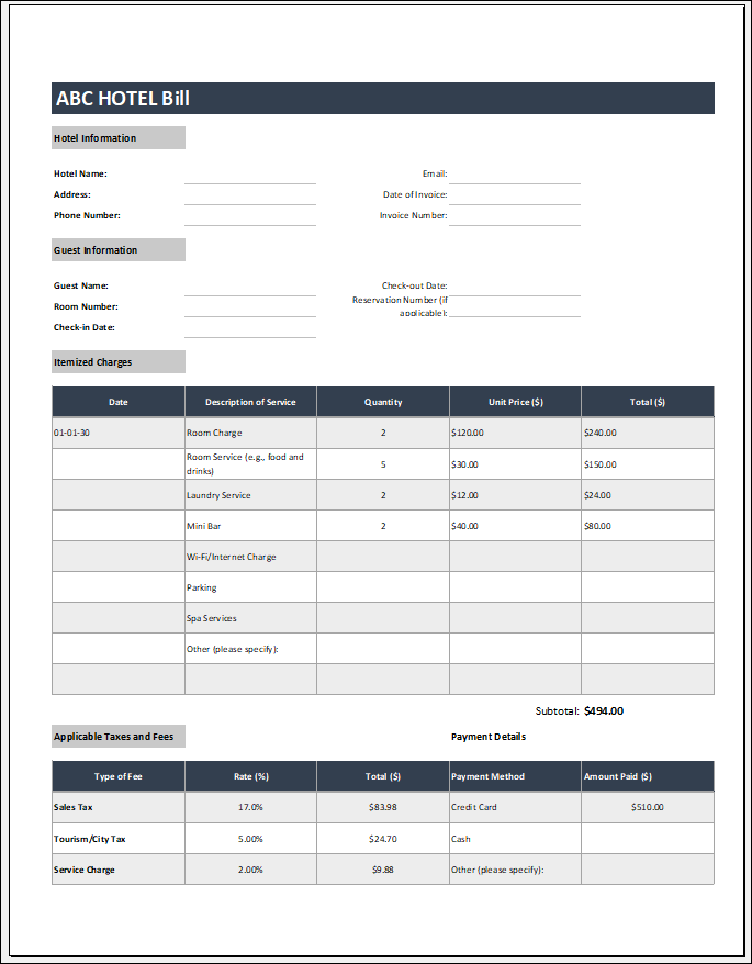 Hotel Services Bill Template for Excel