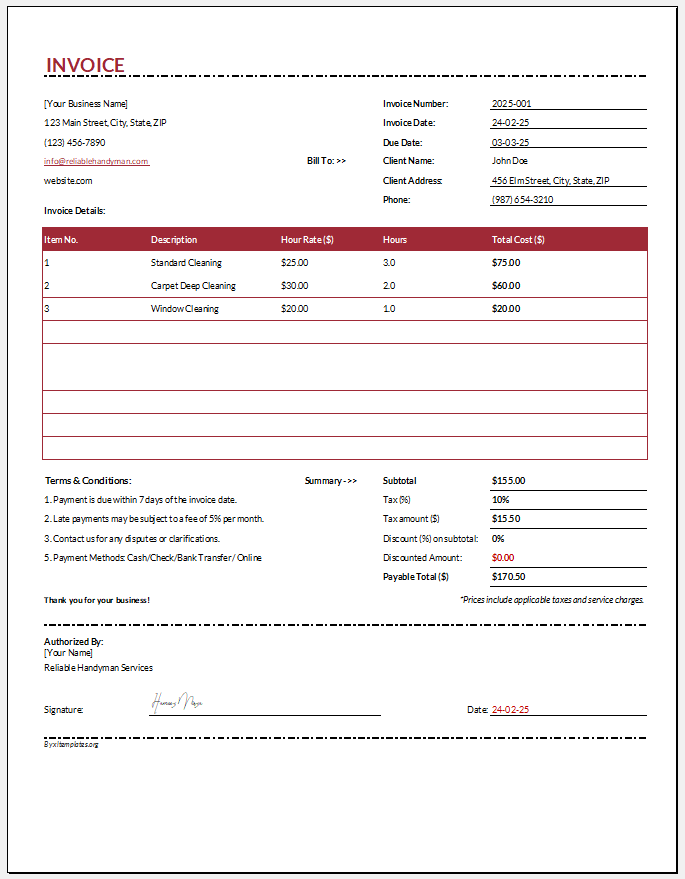 House Cleaning Service Bill for Excel