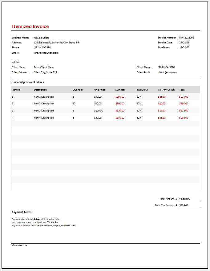 Itemized Invoice Template for Excel