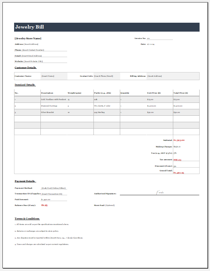 Jewelry Bill Template