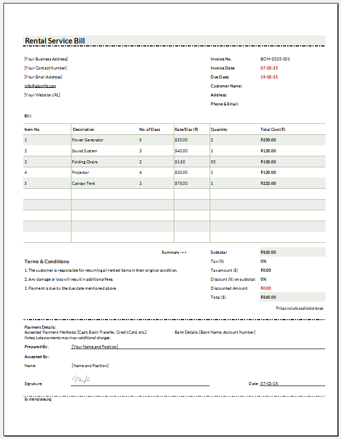 Rental Service Bill Template