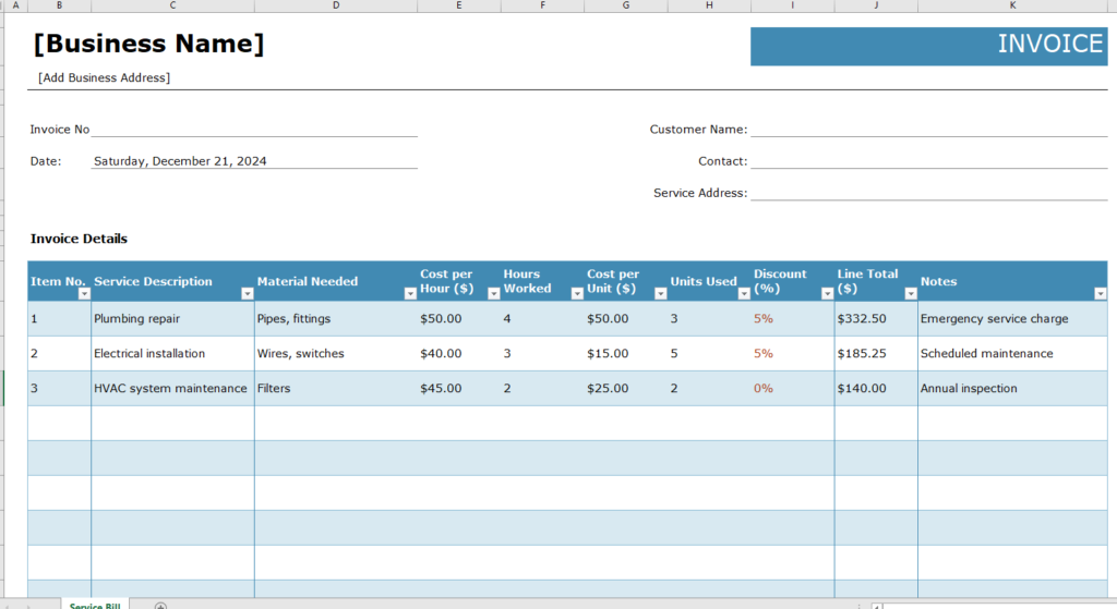 Service Invoice Template for Excel