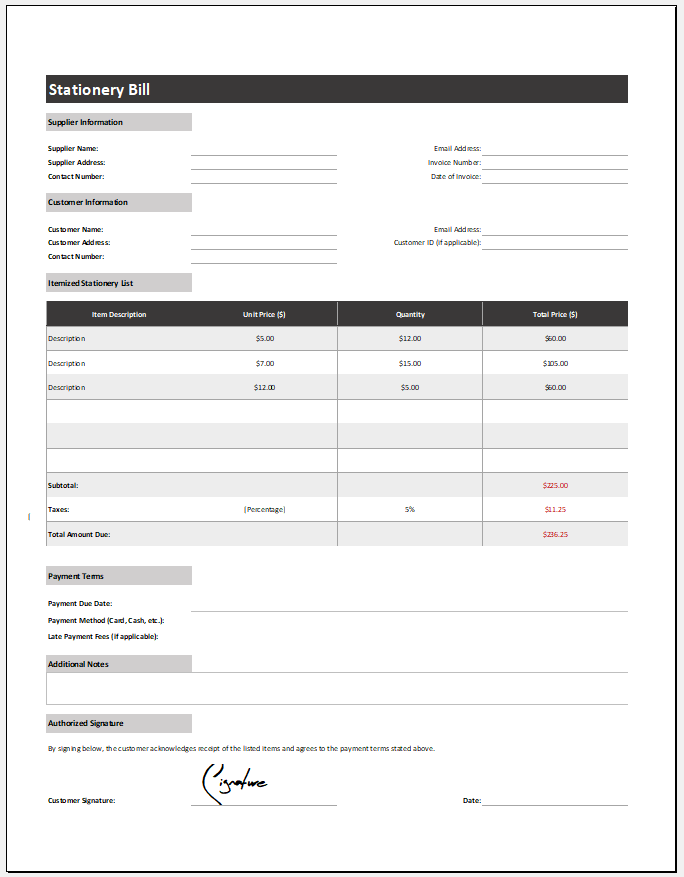 Stationery Bill Template