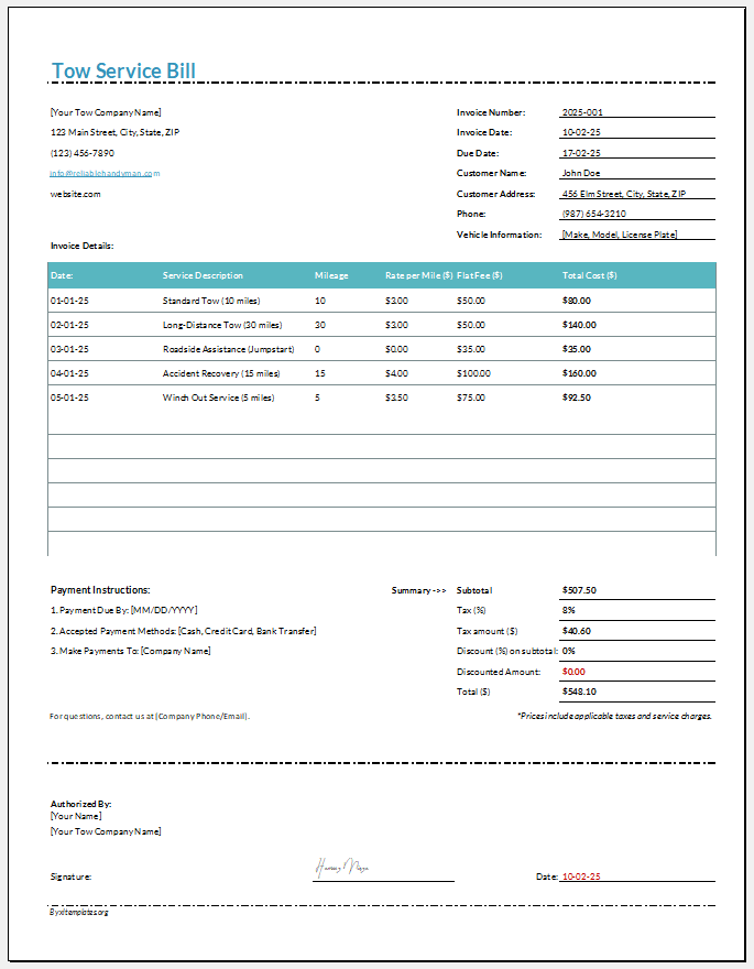 Tow Service Bill Template for Excel