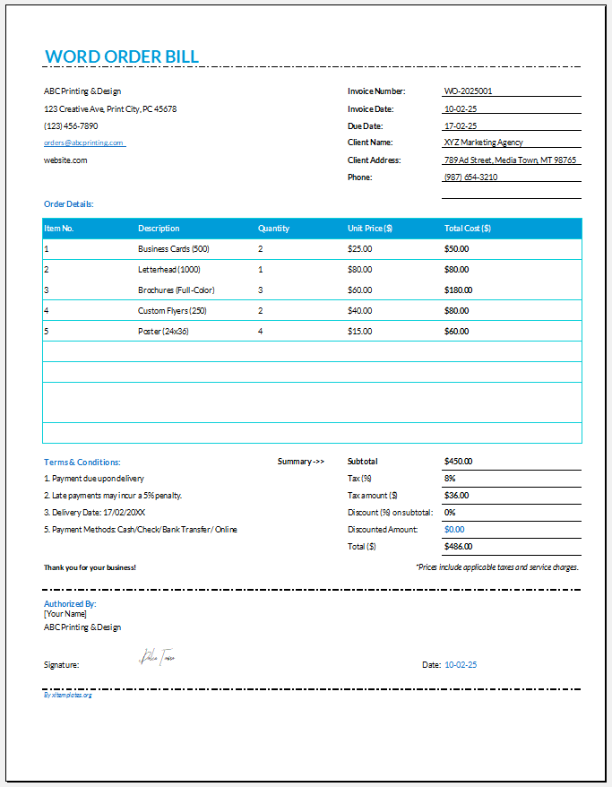 WORD ORDER BILL Template for Excel