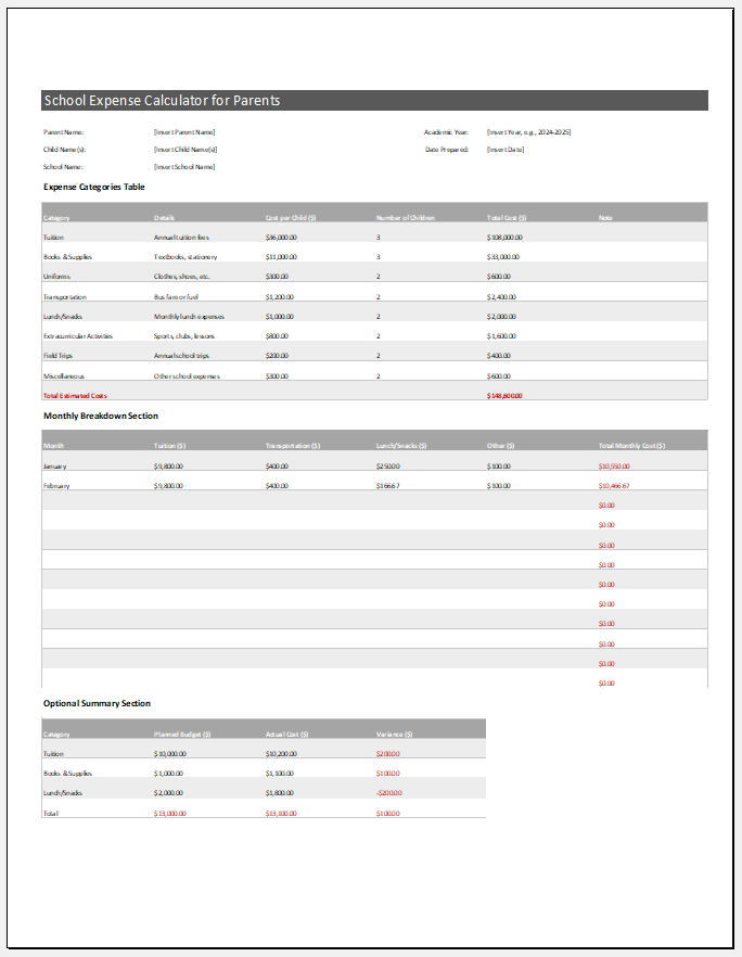 School Expense Calculator Template for parents