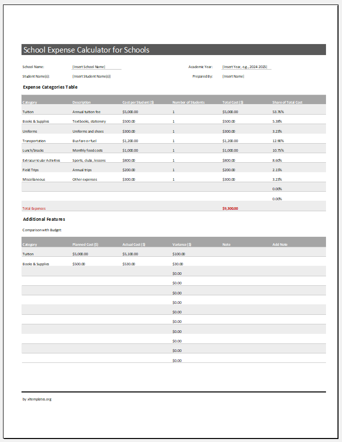 School Expense Calculator Template for schools