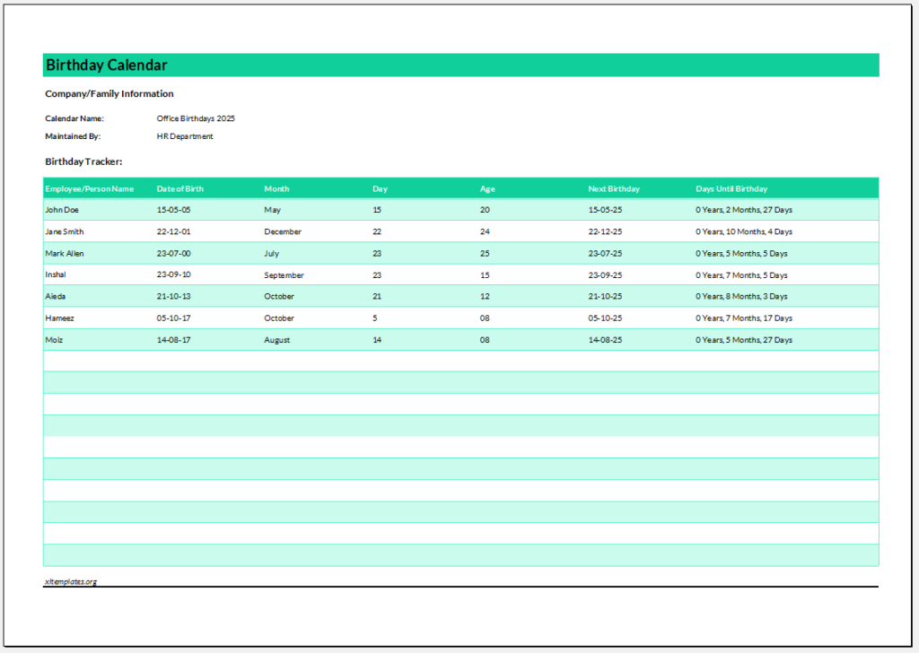 Birthday Calendar Template for Excel