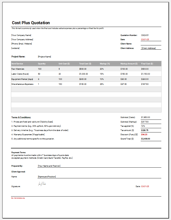 Cost plus quotation template