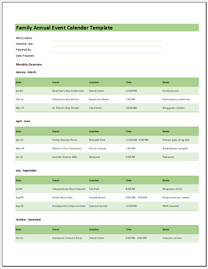 Family Annual Event Calendar Template