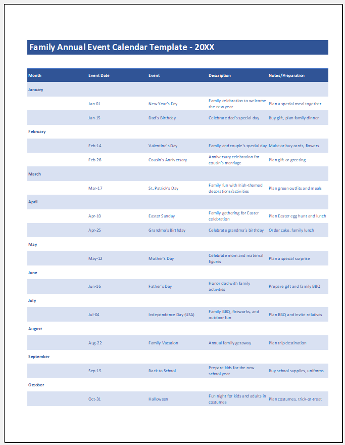 Family Annual Event Calendar Template