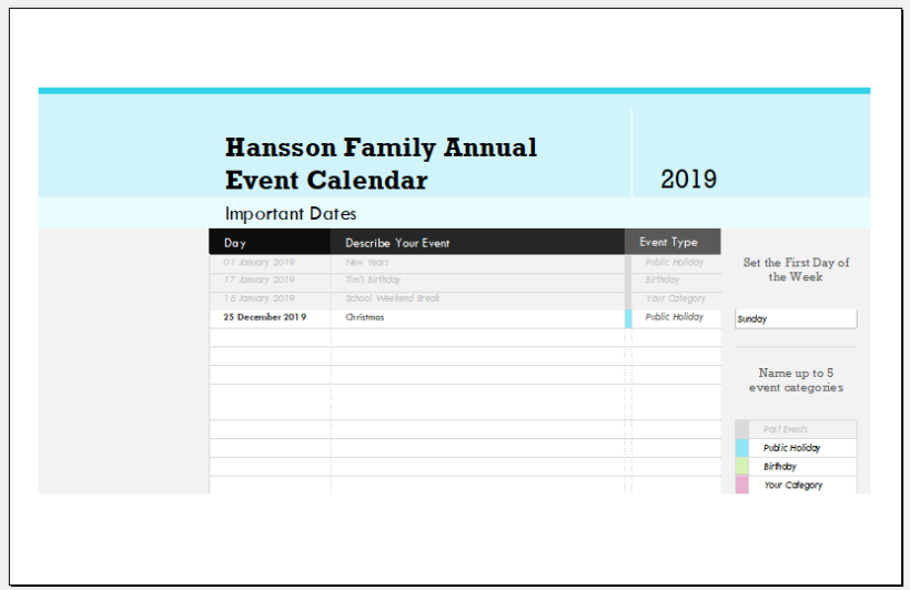 Family Annual Event Calendar Template for Excel Excel Templates
