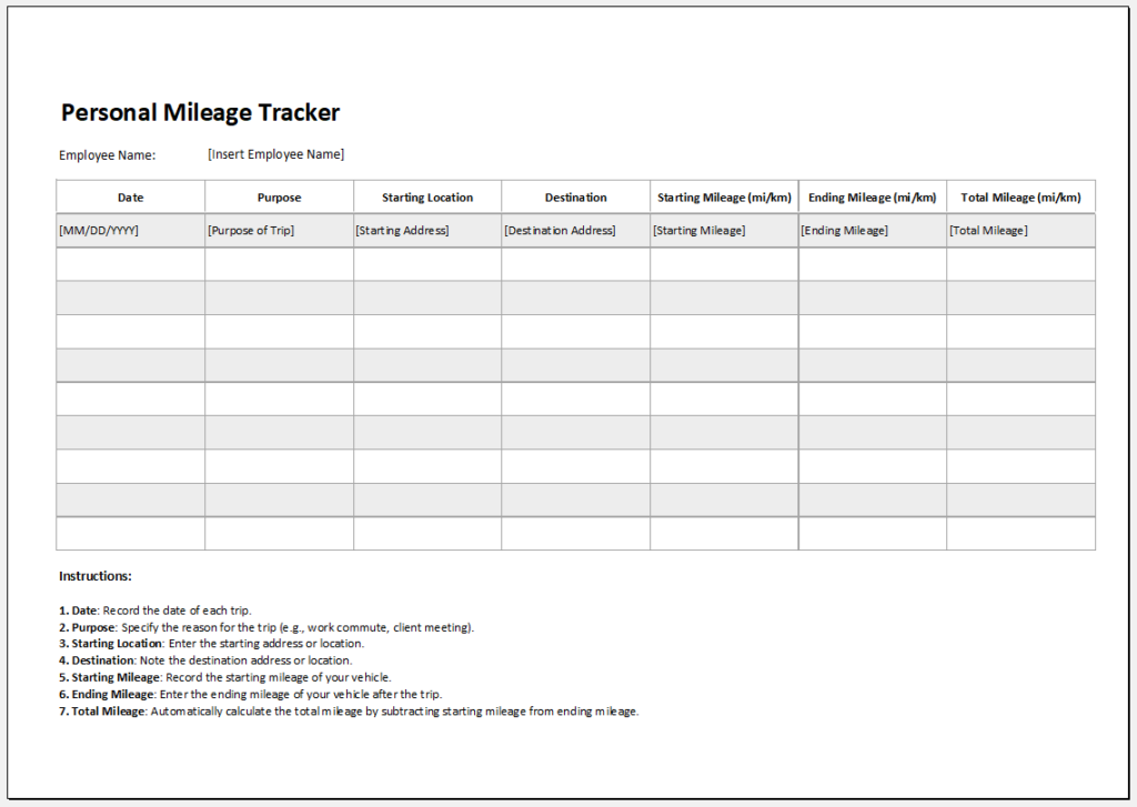 Personal Mileage Tracker Template