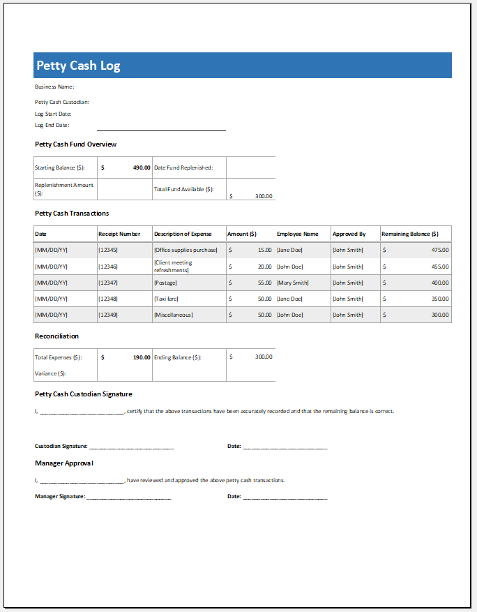 Petty cash log template