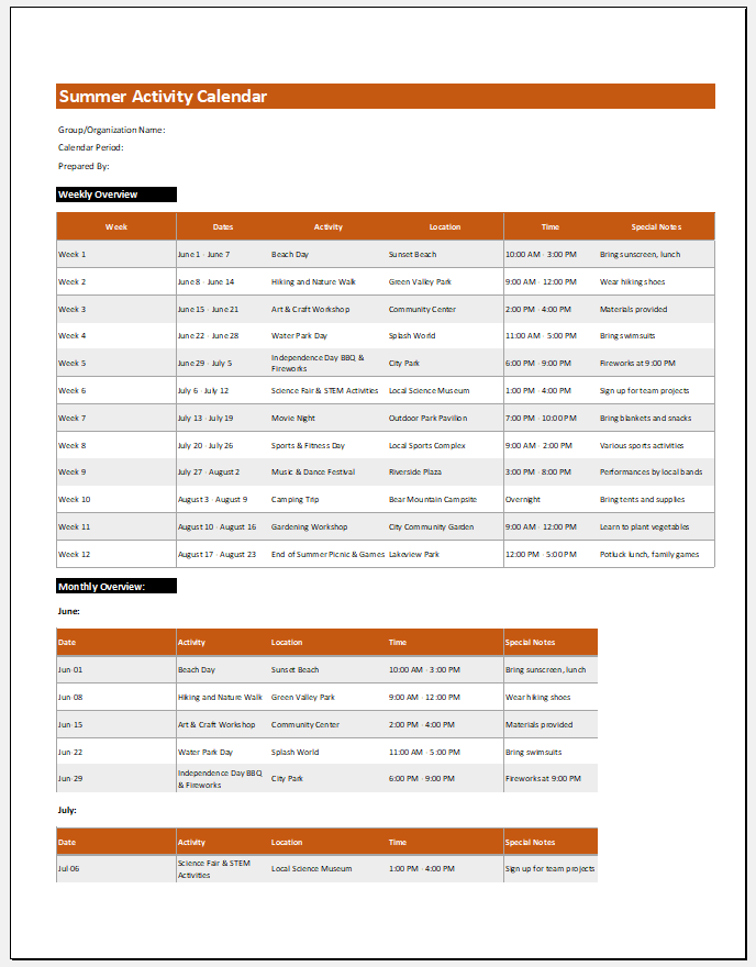 Summer Activity Calendar Template