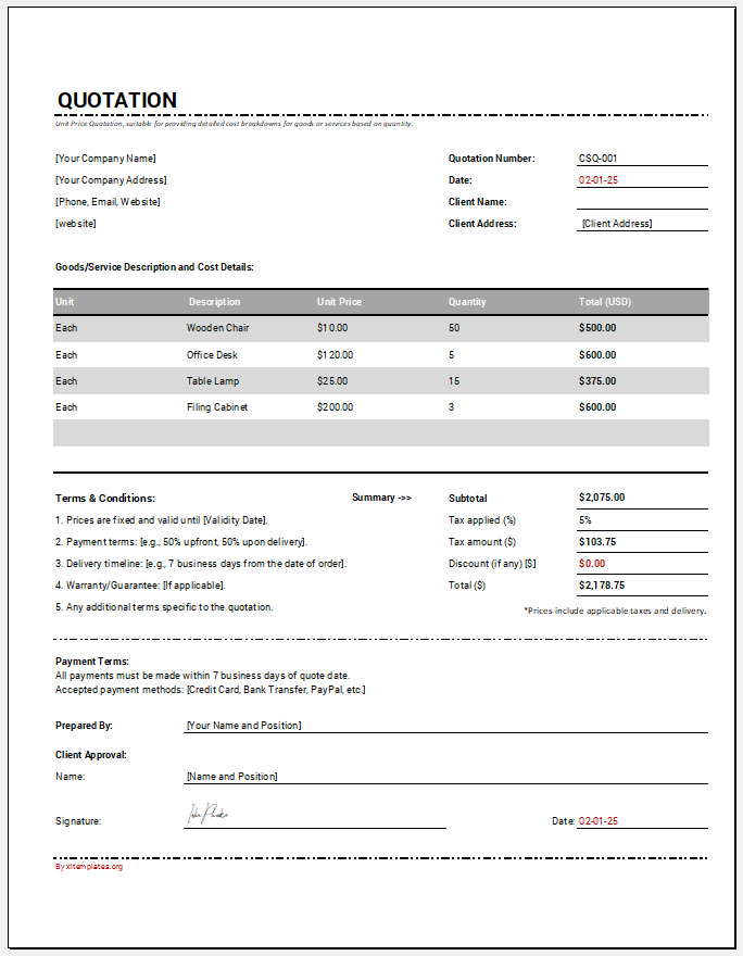 Unit Price Quotation Template