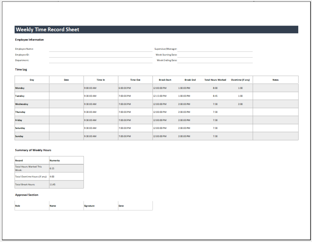 Weekly Time Record Sheet Template for Excel