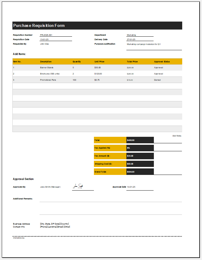 Purchase Requisition Form Template