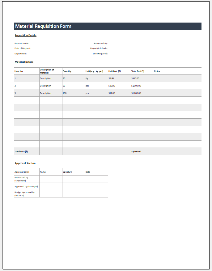 Material Requisition Form Template