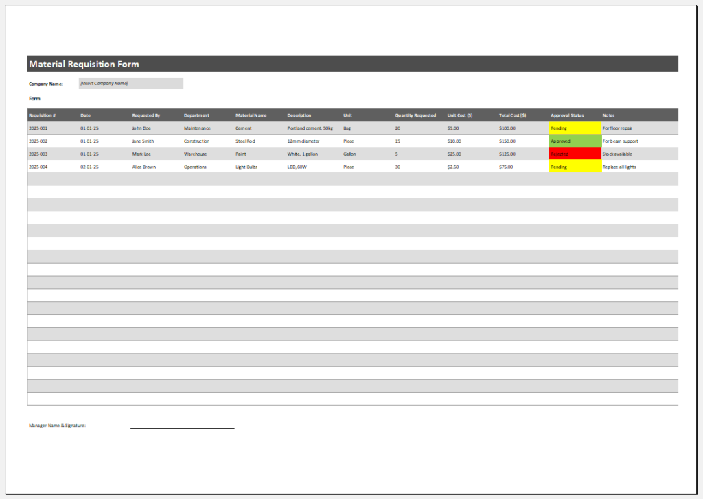 Material Requisition Form Template