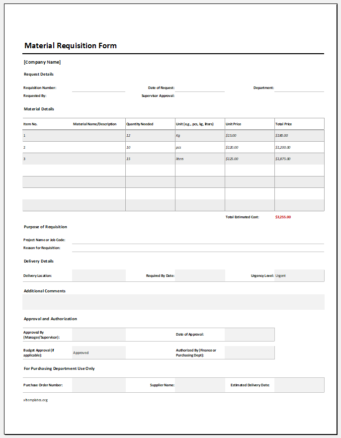 Material Requisition Form Template for Excel