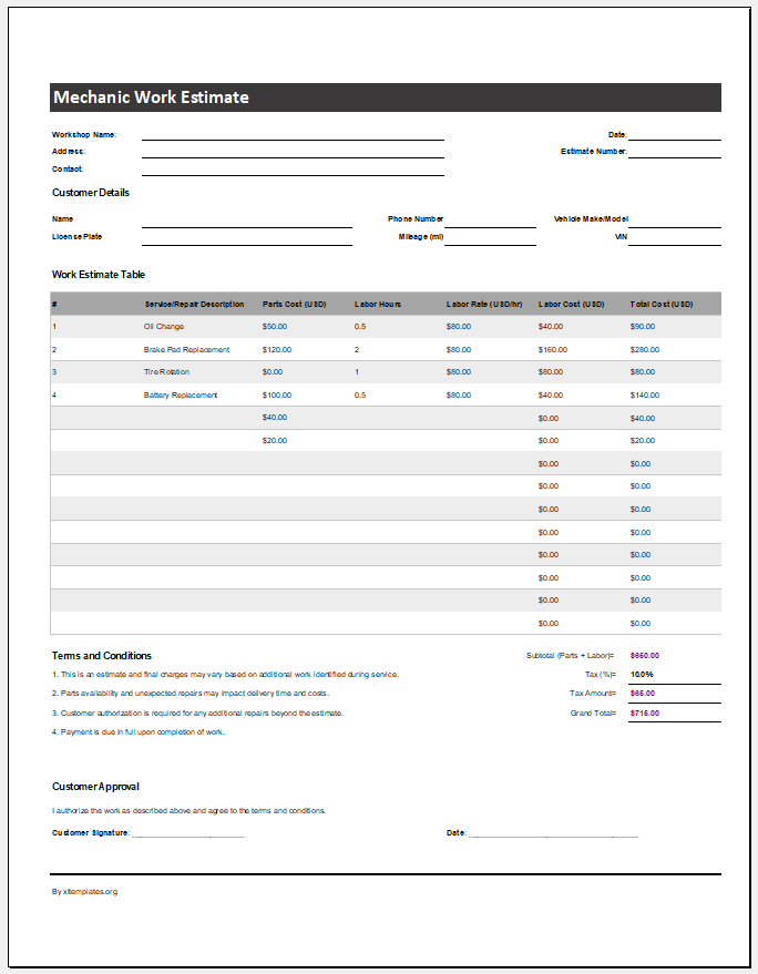 Mechanic Work Estimate Template for Excel