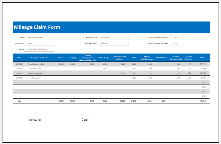 Mileage Claim Form Template For Excel Excel Templates   Mileage Claim Form Template 768x501 