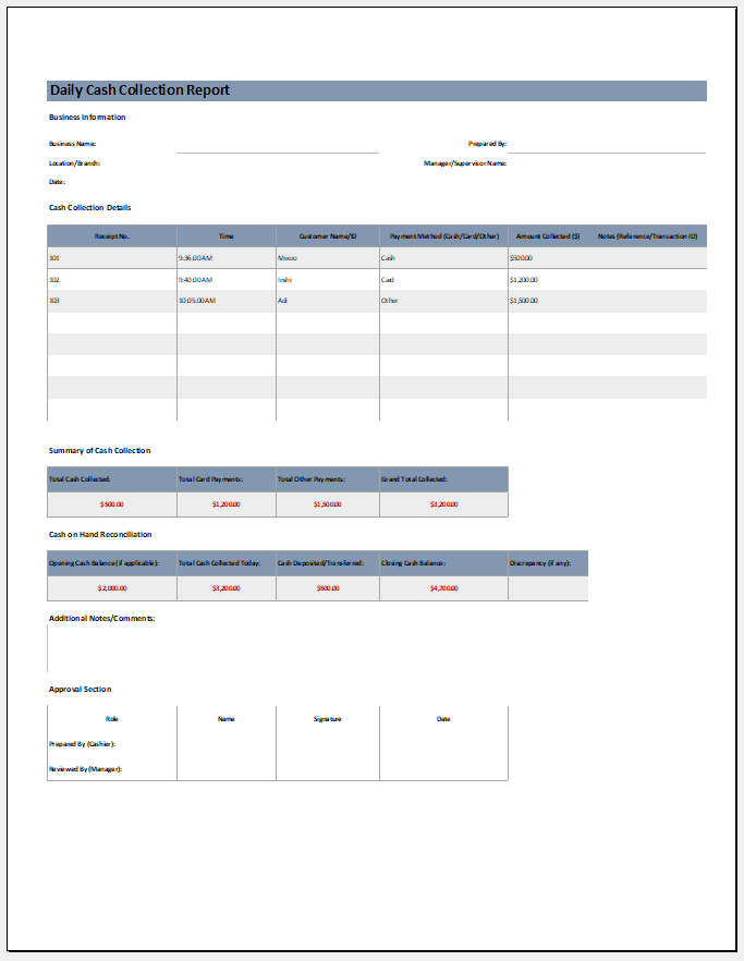 Daily Cash Collection Report Template