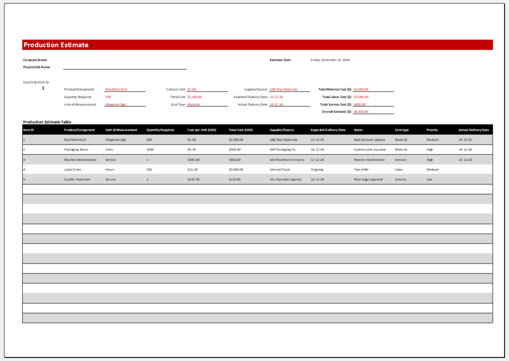 Production Estimate Template for Excel