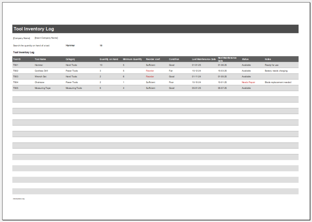 Tool Inventory Log Template