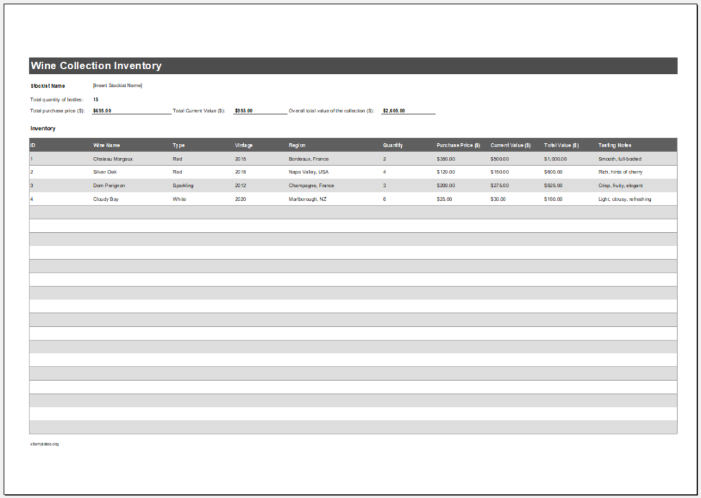 Wine Collection Inventory Template