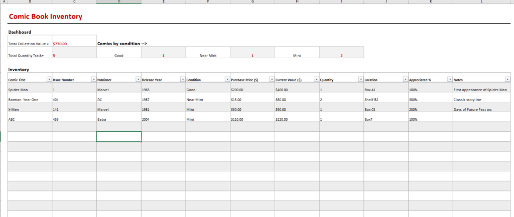 Comic Book Inventory Template