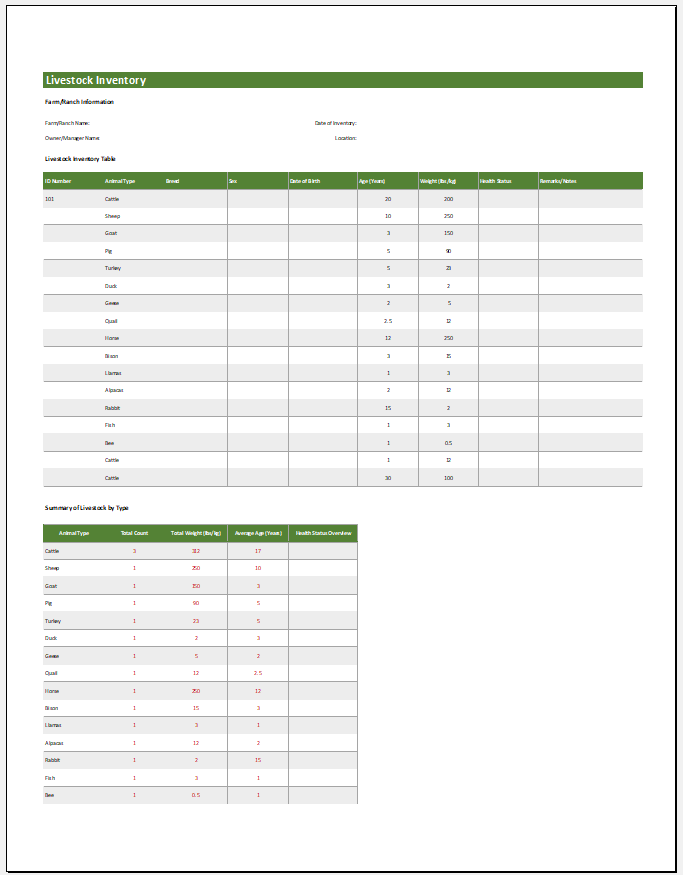 Livestock Inventory Template for Excel - Copy