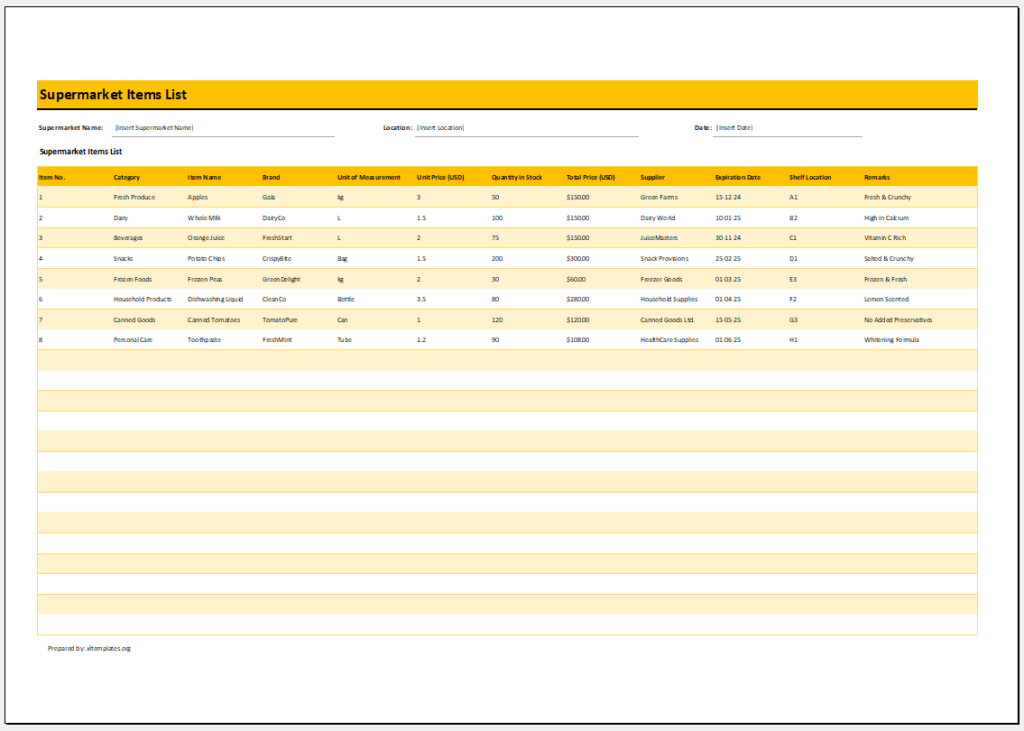 Supermarket Items List Template