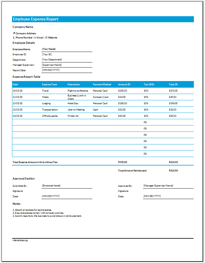 Employee Expense Report Template