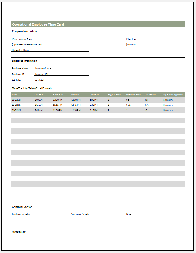 Operational Employee Time Card Template for Excel