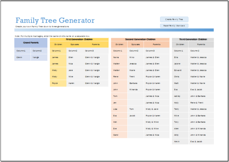 Family Tree Generator Template for Excel | Excel Templates