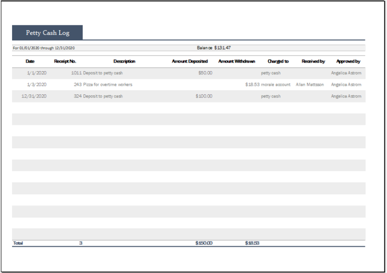 Printable Petty Cash Log Template For Excel Download