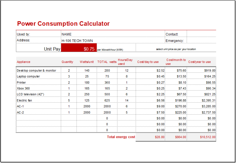 Power Consumption Cost Calculator Template Excel Templates