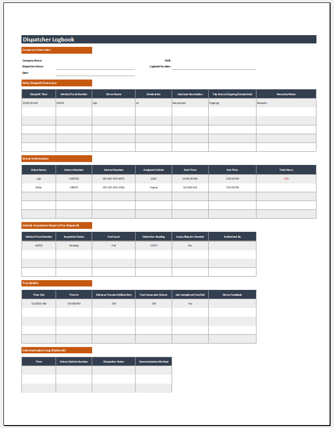 Dispatcher Logbook Template for Excel