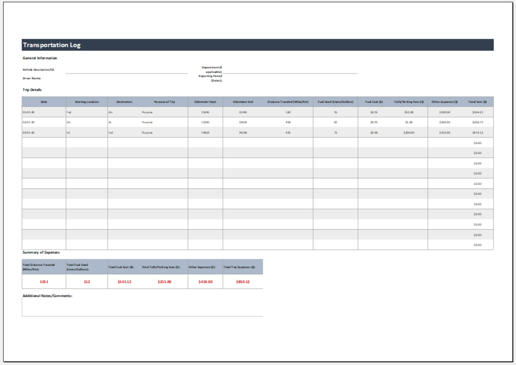 Transportation Log Template for Excel