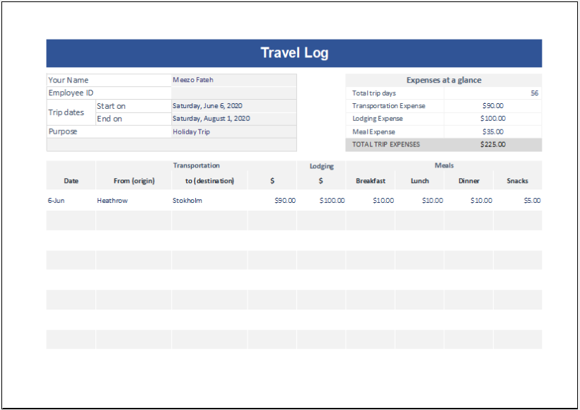 travel log excel template