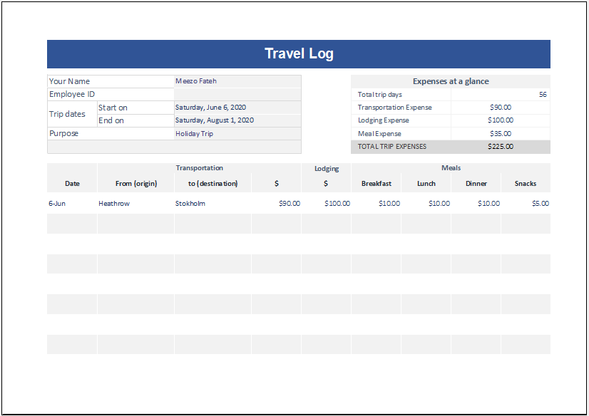 Travel Log Template for Excel